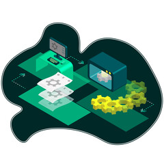 3D printing process on special equipment from sketch to implementation of the result on a dark green turquoise background