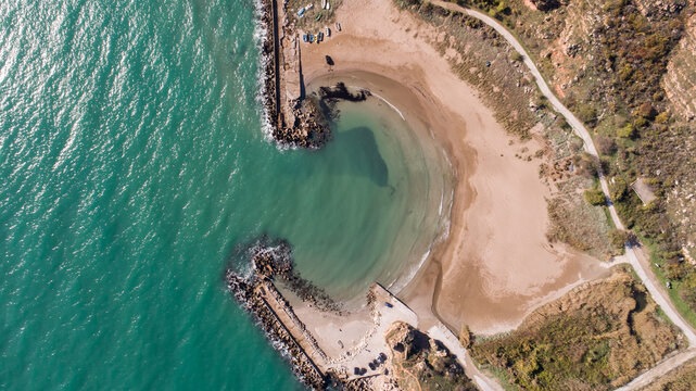 Aerial top down view of beautiful bay.  Bolata beach on Black sea, Bulgaria. Famous bay near Cape Kaliakra