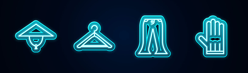 Set line Asian conical hat, Hanger wardrobe, Pants and Leather glove. Glowing neon icon. Vector