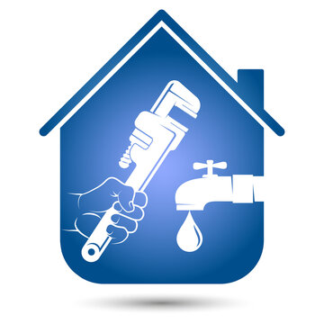 recommend clip art: Wrench in hand and water tap, symbol for plumbing repair