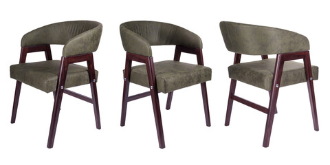 Set of fabric chairs isolated on white. Chairs from three sides view