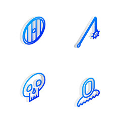 Set Isometric line Medieval chained mace ball, Round wooden shield, Skull and hood icon. Vector