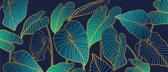 Luxury background with palm leaves and golden texture. Line art botanical vector illustration. Natural design. © olechkaart