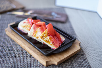 Lunch. Salad and meat. Wine