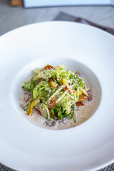 Lunch. Salad and meat. Wine