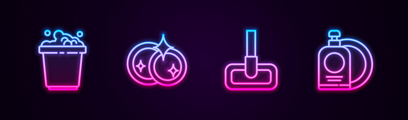 Set line Bucket with soap suds, Washing dishes, Mop and Dishwashing liquid bottle and plate. Glowing neon icon. Vector