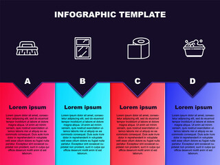 Set line Brush for cleaning, Cleaning service windows, Toilet paper roll and Plastic basin with soap suds. Business infographic template. Vector