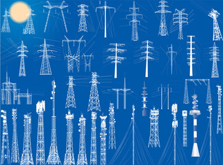 Fototapeta premium group of white antenna towers on blue