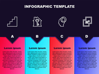 Set line Staircase, House with key, Man dreaming about buying house and plan. Business infographic template. Vector