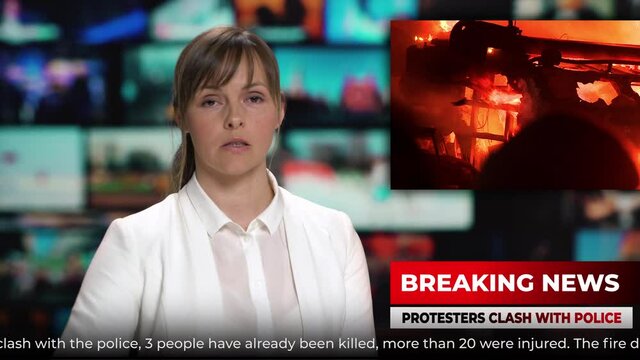 TV studio news female presenter talking breaking news about street mass protests