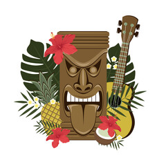 Wooden Hawaiian tiki sculpture with hibiscus flowers, plumeria and palm leaves, guitar. Design elements for print, banner, flyer.
