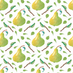 Seamless pattern with green pears, leaves and branches on white background. Hand-drawn in colored pencils. Handmade design bright and colorful perfect for summer, spring decorations, postcards etc