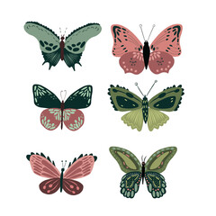 Fototapeta na wymiar Vector isolated nice butterflies. Green and pink butterflies collection or set.