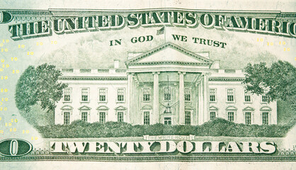 Close-up 20 US dollar banknotes, reverse side twenty dollar banknote depicting white house. Cash...