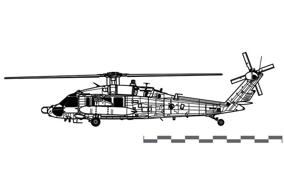 Sikorsky MH-60L Black Hawk. Vector drawing of special operations helicopter. Side view. Image for illustration and infographics.