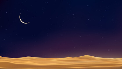 Obraz na płótnie Canvas Islamic greeting Ramadan Kareem card design background with desert landscape sand dunes,Crescent moon and star at dark night,Vector religions symbolic of Islam or Muslim for Eid Mubarak, Eid al fitr