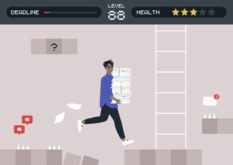Office arcade game, a young male Black character running with a stack of paper documents, a project deadline concept