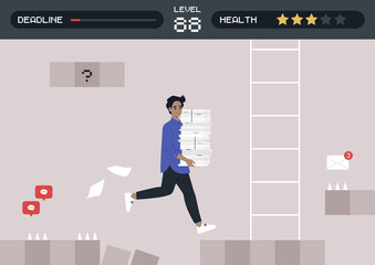 Office arcade game, a young male character running with a stack of paper documents, a project deadline concept