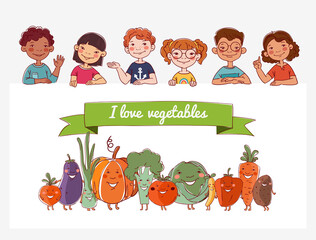 Group of friendly kids with fresh vegetables: cabbage, potato, tomato, carrot, eggplant, pumpkin, pepper, broccoli, beet, onion and pea in cartoon style