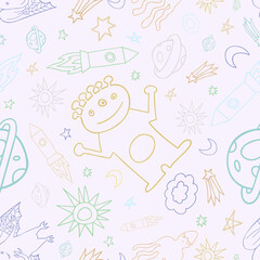 Seamless vector pattern colorful design of outer space with lined aliens, rockets in pastel tones
