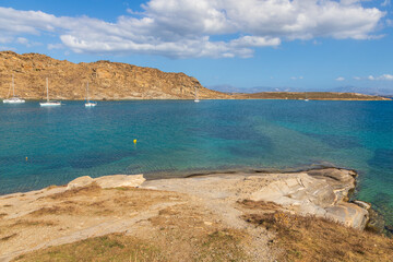 View of the rocky coast at Monasteri Beach. Paros Island, Greece.