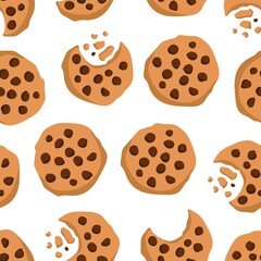 Cookies seamless pattern. Simple cute cookie flat vector backdrop. Hand drawn sketch with broun color. For cafe, menu, wall art. Sweet dessert. Freshly baked chocolate cookie icon. Food pattern.