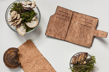 Vegan leather wallet made from mushroom mycelium, vegan bio leather samples top view, eco friendly...