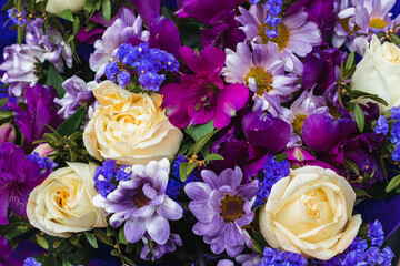 Blue, white, and purple flowers. Beautiful flowers in a bouquet. Background flower image.