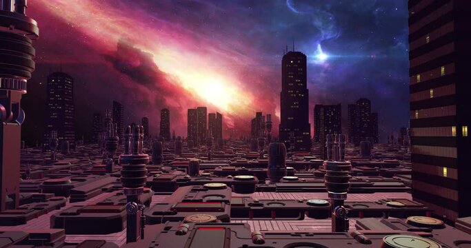 Futuristic City Spaceship Flying In Space. Skyscrapers And Buildings. High-Tech City. Technology And Space Related 3D Animation.