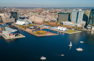 Baltimore city inner harbor skyscrapers panorama bird view - obrazy, fototapety, plakaty