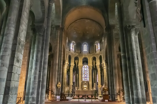 Interor of Notre-Dame Orcival Basilica (1178) - Romanesque Auvergne-style church located in Orcival in the French department of Puy-de-Dome in the Auvergne-Rhone-Alpes region. France. April 26, 2016.