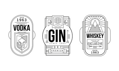 Alcohol Labels with Gin, Vodka and Whiskey Vector Set - obrazy, fototapety, plakaty