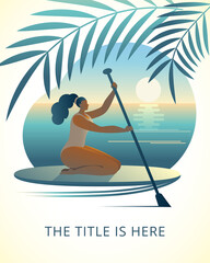 A girl in a swimsuit with a paddle sits on a surfboard. Template for a cover or vertical banner.