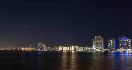 Fototapeta na wymiar Miami night city. USA downtown skyscrappers landscape, twighlight town.