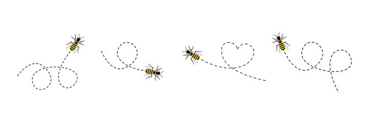 Bee icon set. Bee flying on a dotted route. Vector illustration isolated on the white background.