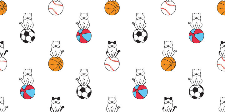 cat seamless pattern kitten beach ball calico basketball baseball sport pet scarf isolated cartoon animal tile wallpaper repeat background doodle illustration design