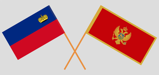 Crossed flags of Liechtenstein and Montenegro. Official colors. Correct proportion
