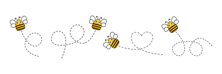 Bee icon set. Bee flying on a dotted route. Vector illustration isolated on the white background.