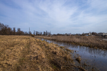 A flooded field on the outskirts of the village. Rural landscape in early spring. High water on the outskirts of the village. Dry grass sticks out of the water.