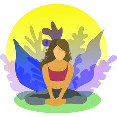 Image of a girl doing yoga, who sits in a lotus position against a background of leaves. Suitable for web design.