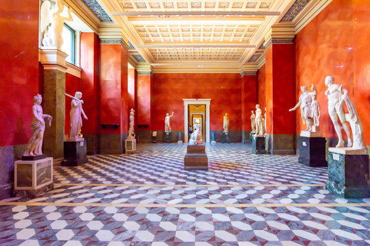 Saint Petersburg, Russia - April 2021: Hall of ancient greek sculptures in Hermitage museum