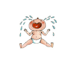 Illustration of a crying baby in a diaper, on a white background