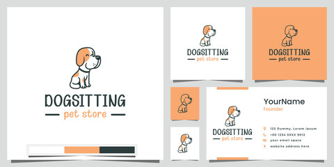 sitting dog logo line art , business card template