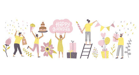 Happy people at birthday celebration collection. Small people with big flowers. Pastel colorful icons set isolated on white background. Flat vector illustration