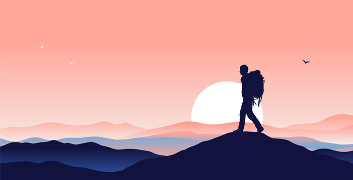 Man Walking Alone Across Hills - Male Person On Mountaintop With Beautiful View And Sunrise In Background. Copy Space For Text. Vector Illustration.