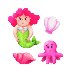Cartoon mermaid with pink hair, octopus and seashells. Children's watercolor illustration character. A stock image isolated on a white background. A set of clip art in the children's style