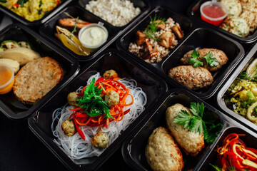 Healthy lunch at the workplace. Pick up food in black containers with cutlery