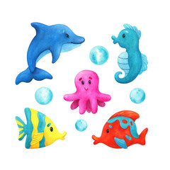 Dolphin, octopus, tropical fish. Children's watercolor illustration of bright marine animals. A stock image isolated on a white background. Cartoon-style clip art collection