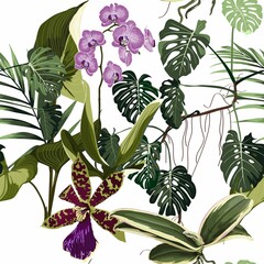 Fototapety  Wzór egzotycznych kwiatów. Tropikalne fioletowe kwiaty orchidei i liście palmowe w letni nadruk. Koszulka hawajska i kafelki na stroje kąpielowe. Białe tło.