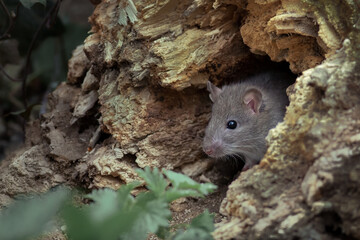 A young common or brown rat (rattus norvegicus) looking out from a rotting log